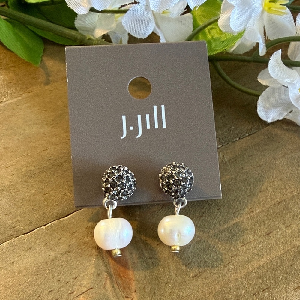 J. Jill Faux Pearl & Crystal Drop Earrings Gunmetal Silver NWT